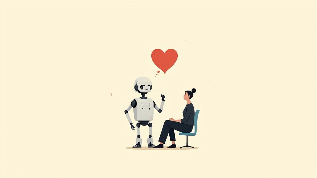 A person chatting warmly on their phone with an AI companion, showing a supportive and engaging conversation.