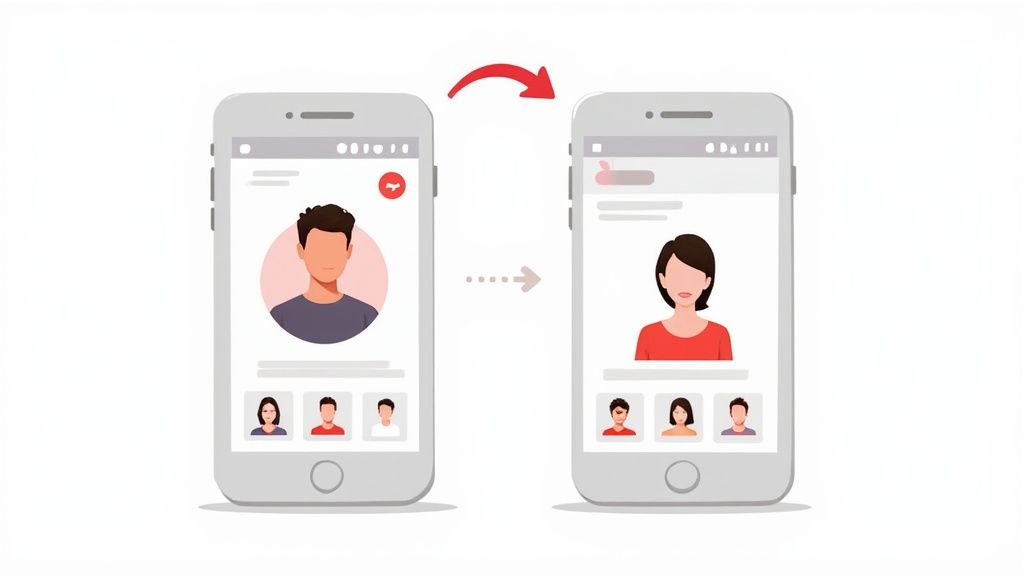 A person smiling while looking at their smartphone, suggesting a positive online dating experience.