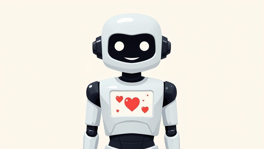 A person using a smartphone with AI icons overlaid, symbolizing an online dating bot.
