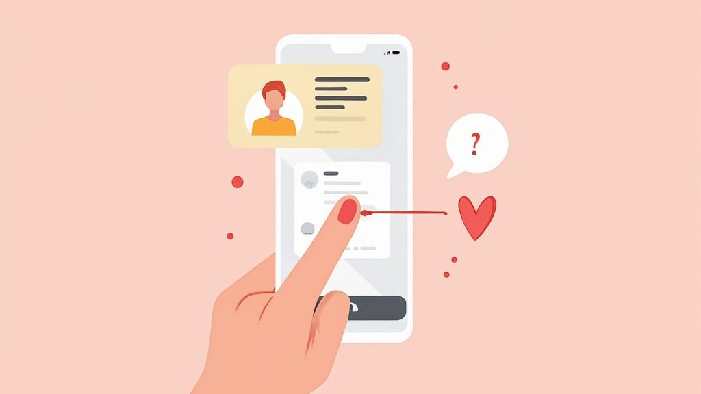 A close-up of hands holding a smartphone, with two people chatting in a dating app interface.