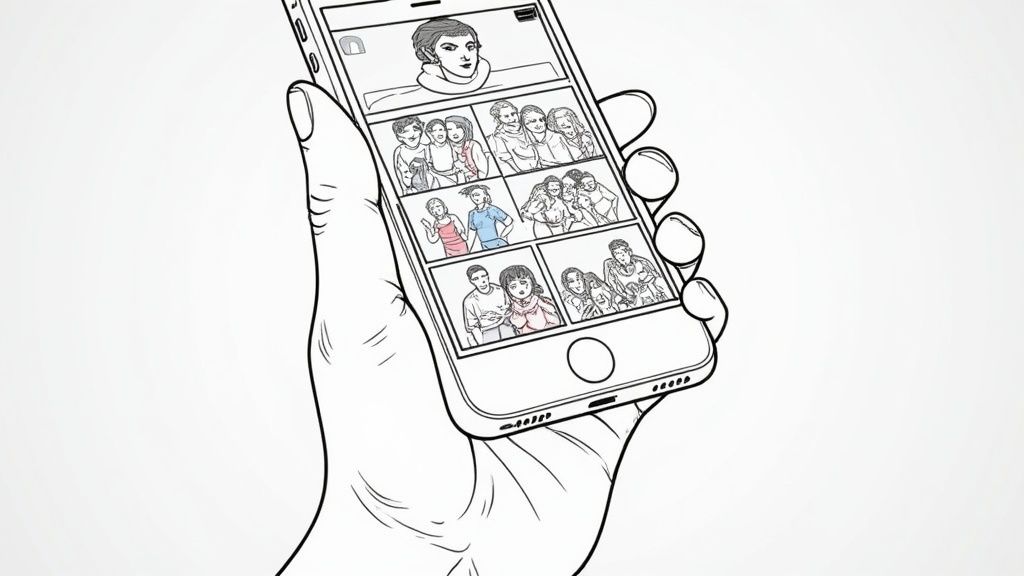 Woman smiling at her phone, representing success on dating apps
