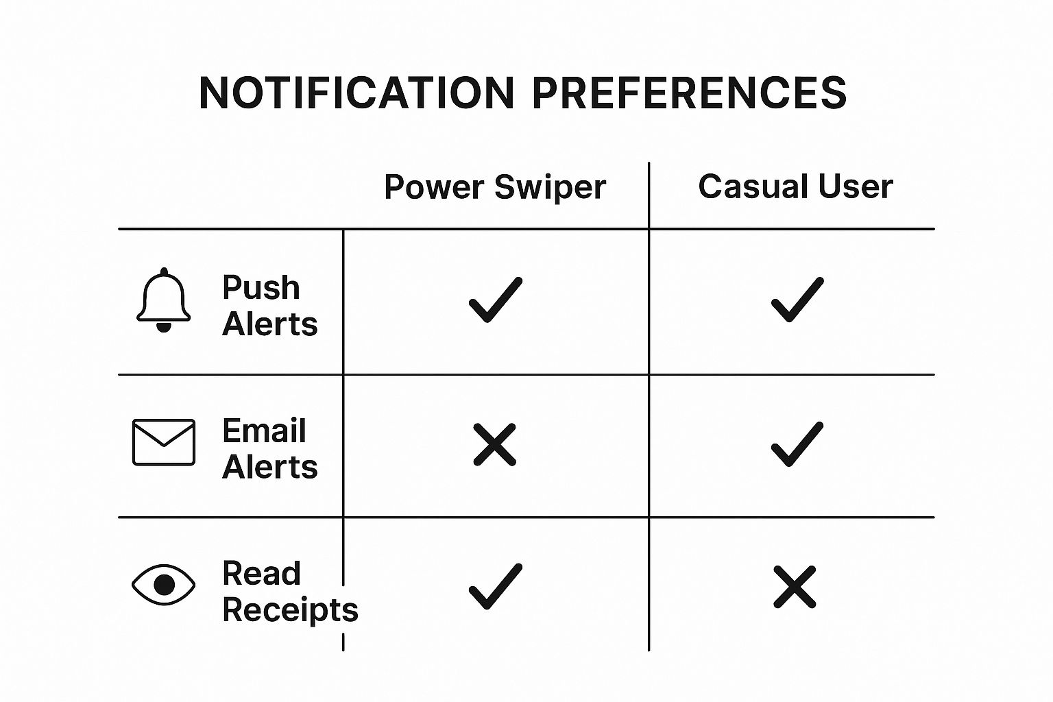 Infographic comparing Tinder notification preferences for a 'Power Swiper' versus a 'Casual User' across push alerts, email alerts, and read receipts.