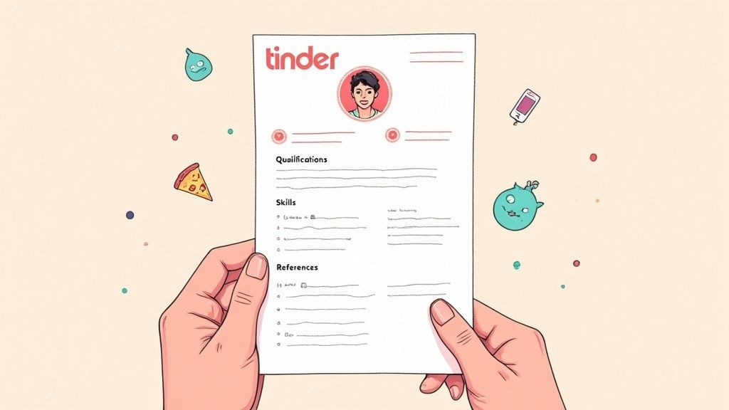 A person looking at a dating app on their phone with a resume icon overlaid, representing the 'Resume Parody' Tinder profile style.