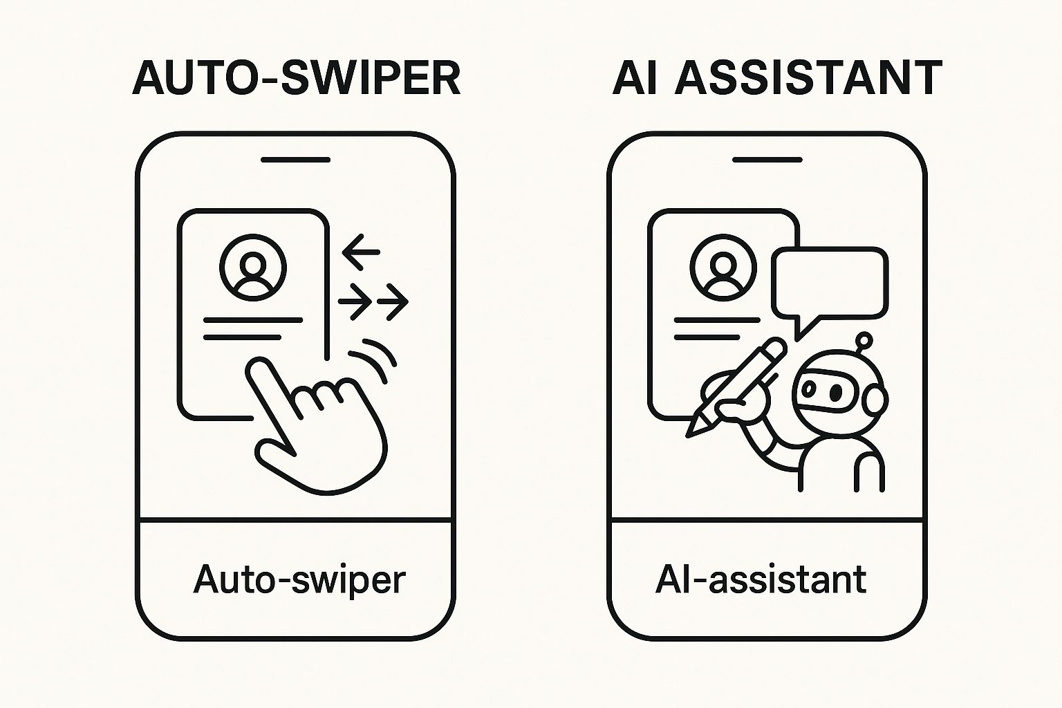 Infographic comparing a simple auto-swiper to a more advanced AI assistant for dating apps.