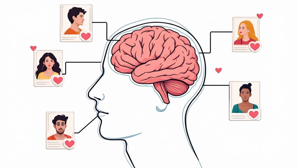 A futuristic illustration of AI and love icons, symbolizing digital matchmaking.