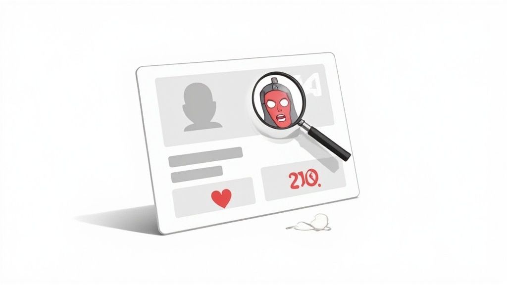 A person looking cautiously at a smartphone screen displaying a dating profile with a red flag icon over it.