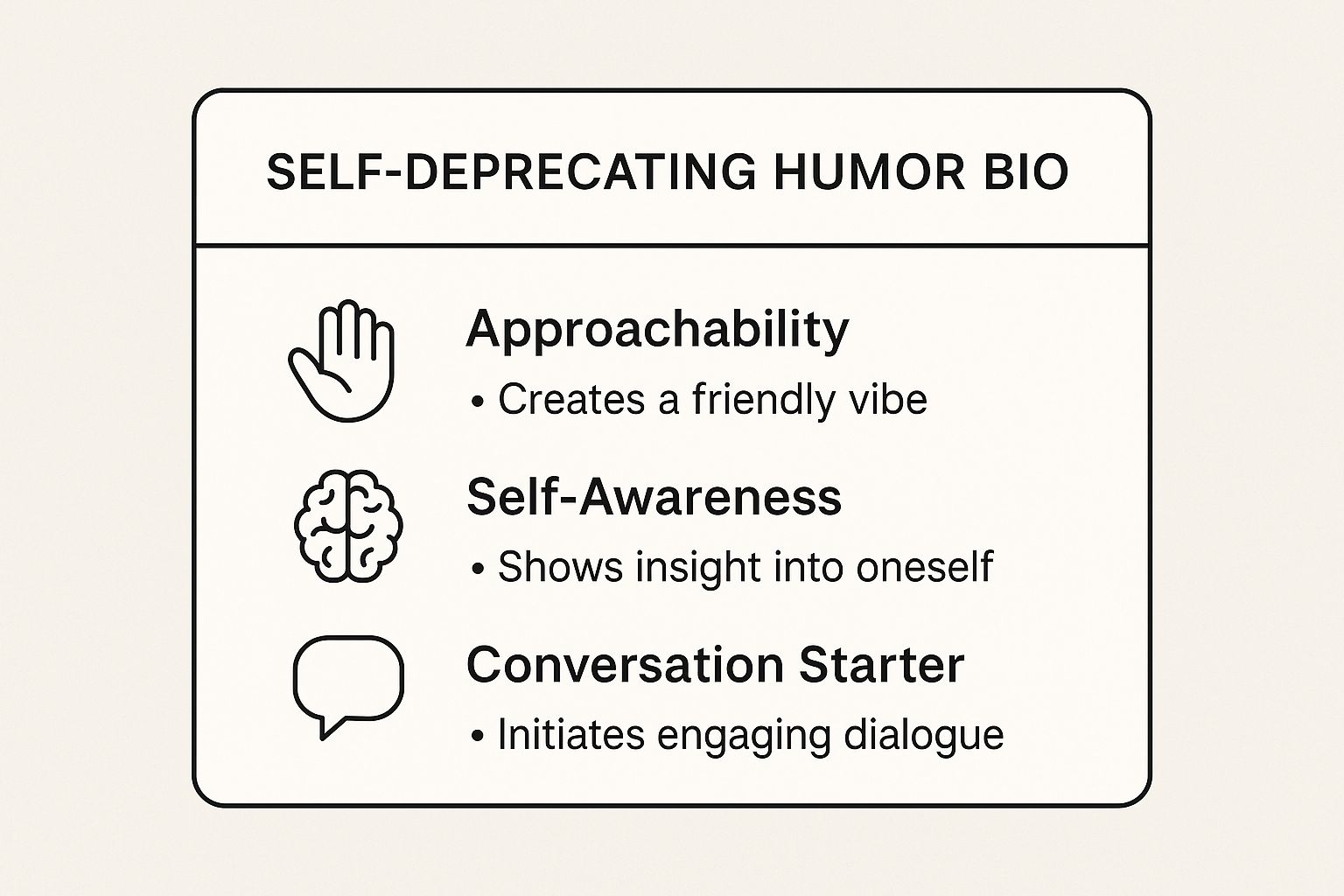 An infographic summarizing the key concepts of a Self-Deprecating Humor Bio, showing icons for Approachability, Self-Awareness, and Conversation Starter.