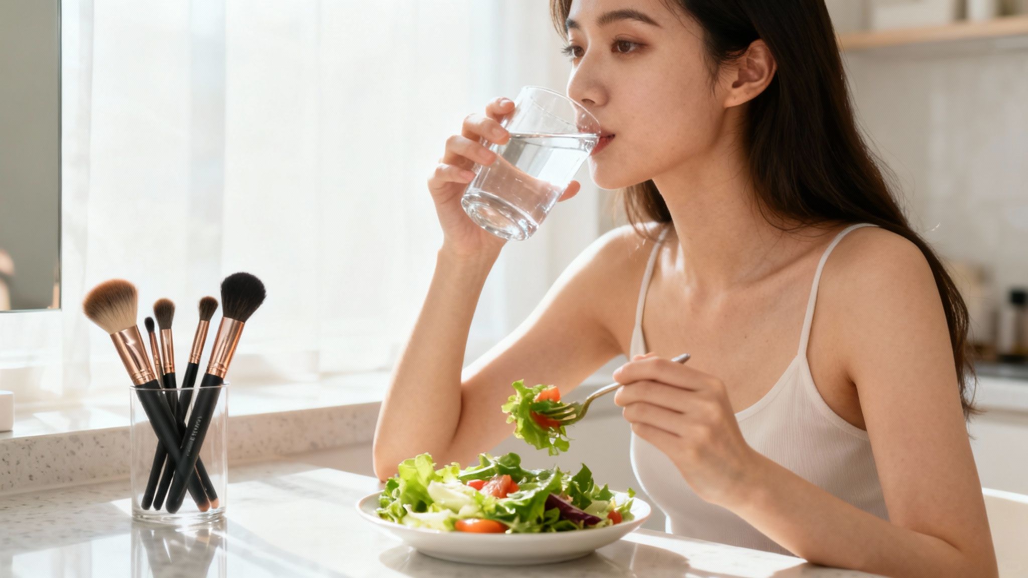 Woman in a tank top drinks water and eats salad at a bright kitchen counter. Makeup brushes in a glass cup nearby. Calm and serene mood.