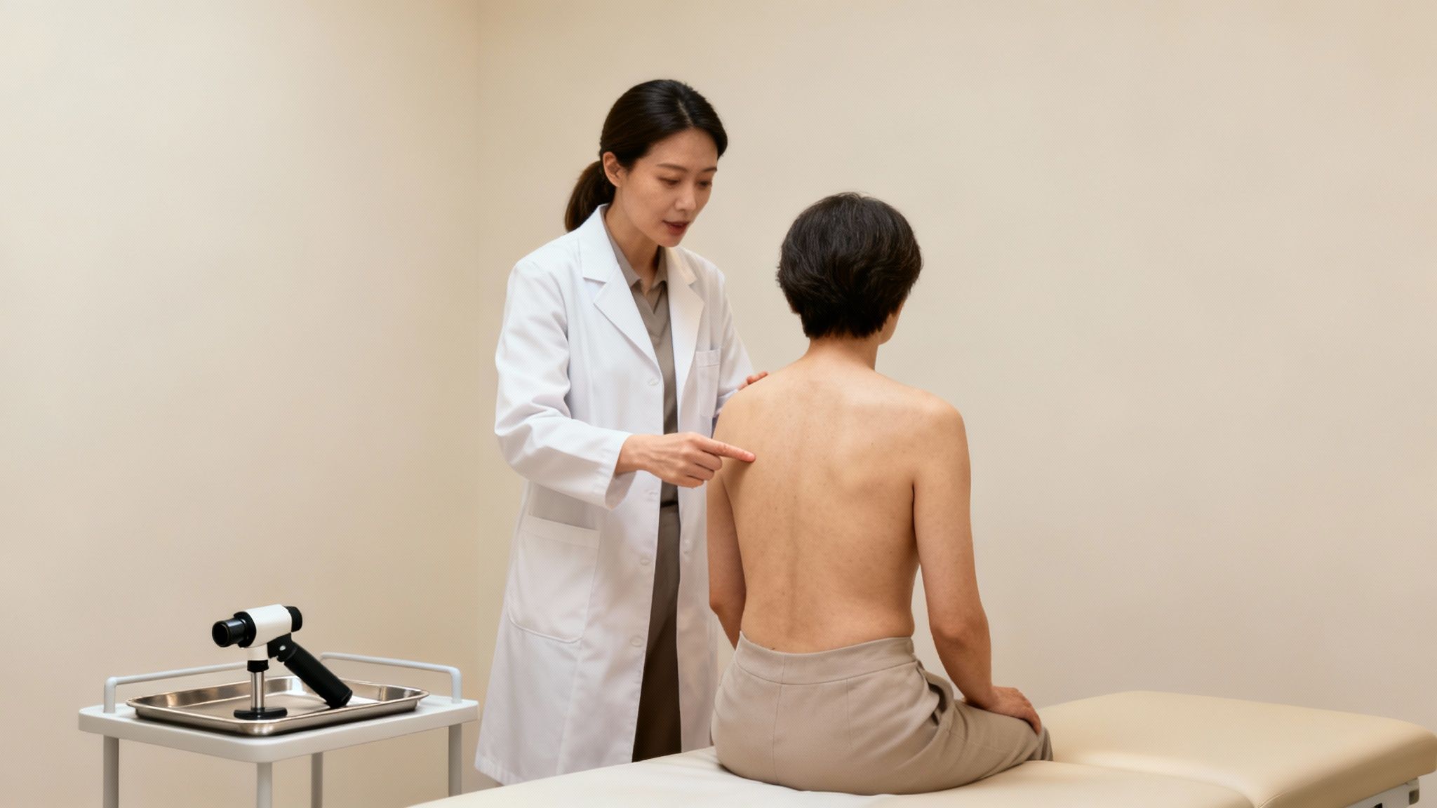 Doctor examining patient's upper back during medical consultation in clinical setting