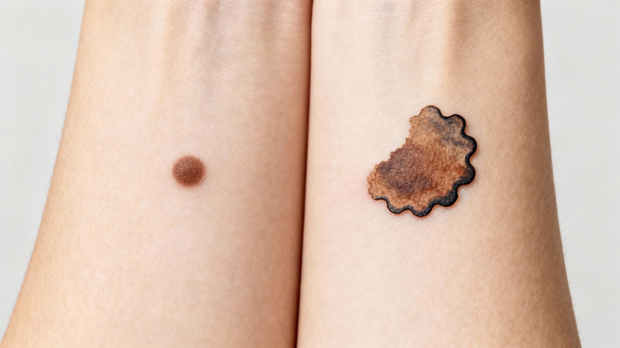 Two forearms showing moles: one small and circular, the other larger and irregular. Neutral background, highlighting skin differences.