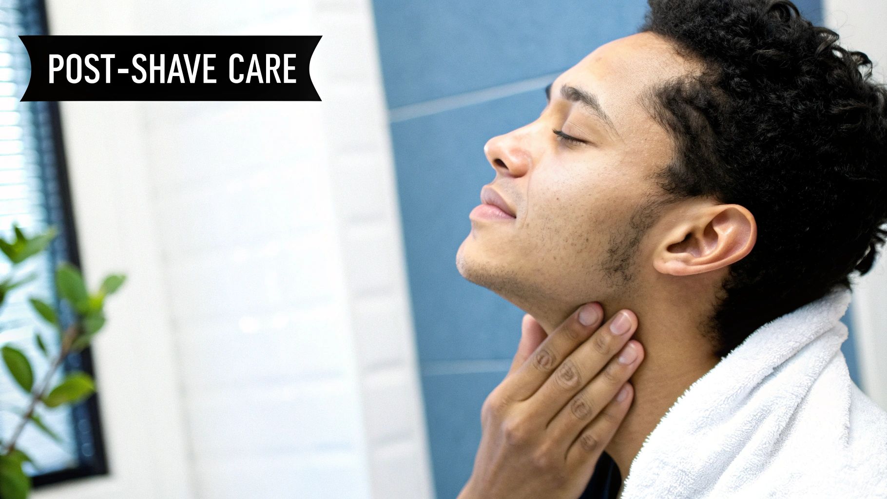 A person enjoying post-shave care, eyes closed, towel around neck, hand on jaw. A “Post-Shave Care” sign in a bright bathroom setting.