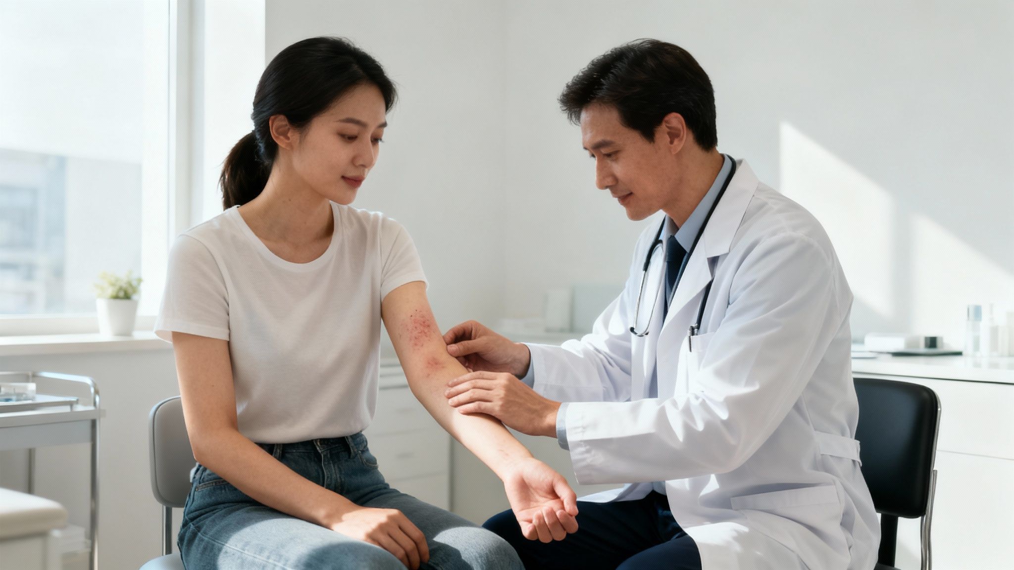 A doctor examines a patient's arm, which shows a red, irritated skin rash.