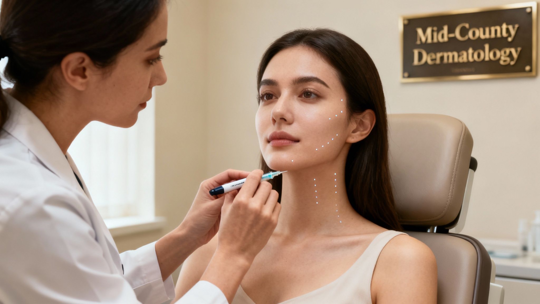 A woman with a serene expression, gently touching her smooth forehead, implying successful Botox aftercare.