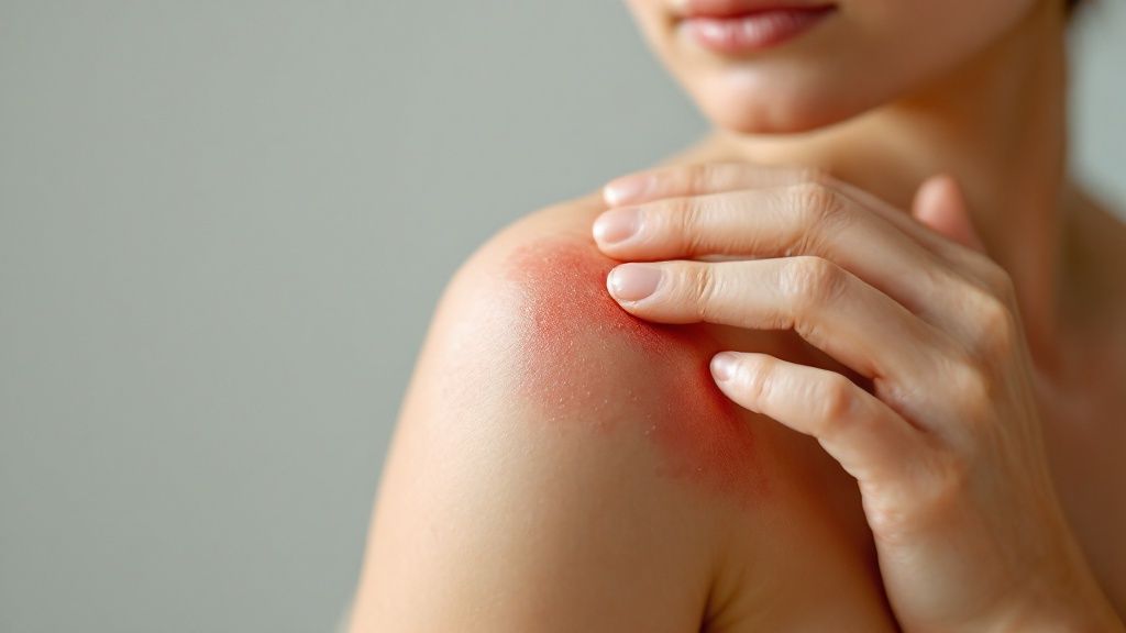 Person touching a red, irritated shoulder, suggesting discomfort. Neutral background, soft lighting, close-up focus.