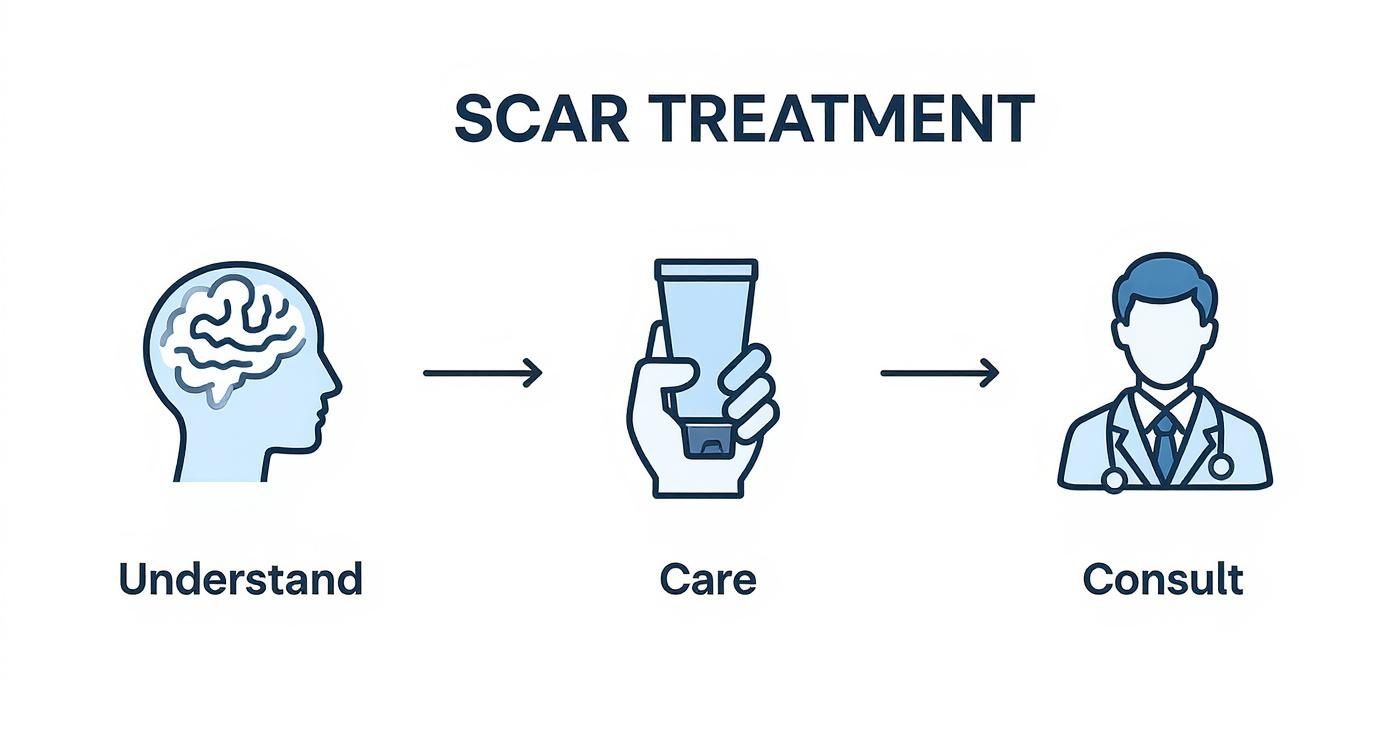 A diagram illustrates a three-step scar treatment process: Understand, Care, and Consult a doctor.