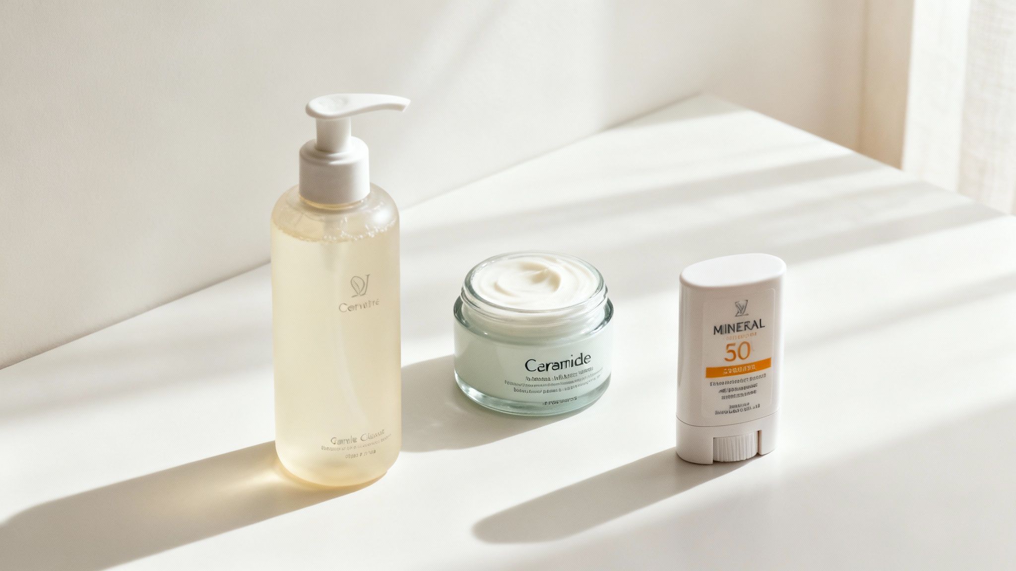A gentle, non-foaming cleanser and hydrating moisturizer on a clean, minimalist bathroom counter.