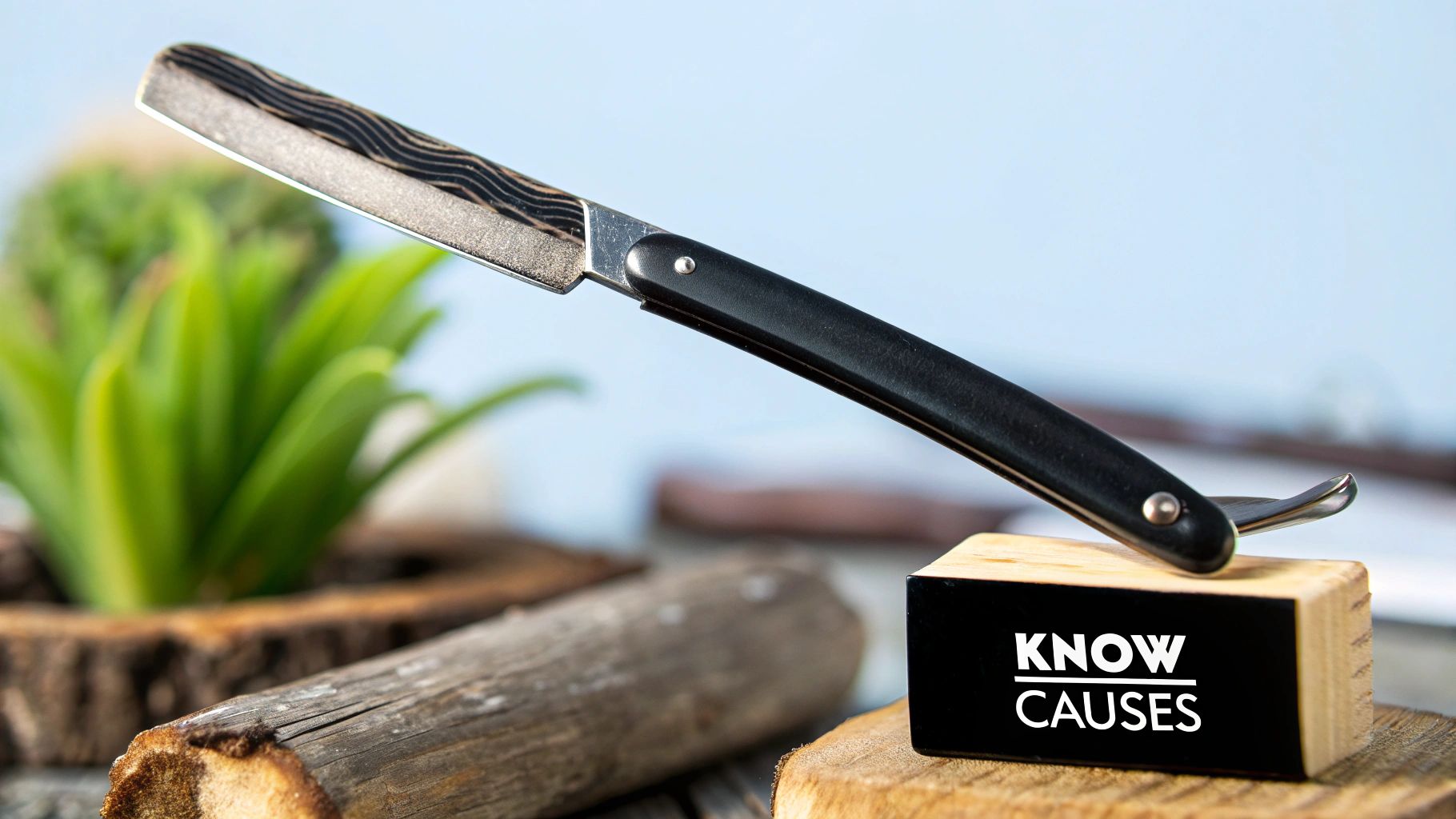 A straight razor rests on a wooden block labeled "KNOW CAUSES." A blurred plant and logs create a natural background setting.