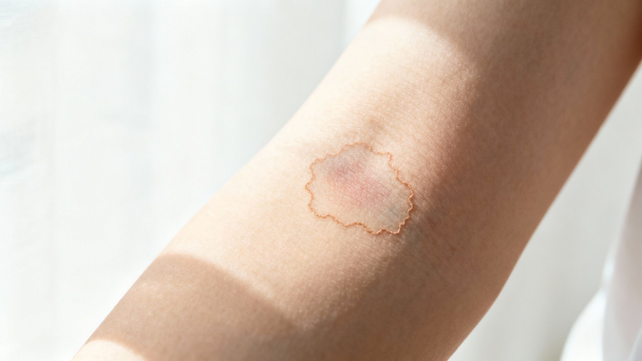 Close-up of skin with a red, flaky patch on the arm. Soft lighting, neutral background. Appears irritated or dry.