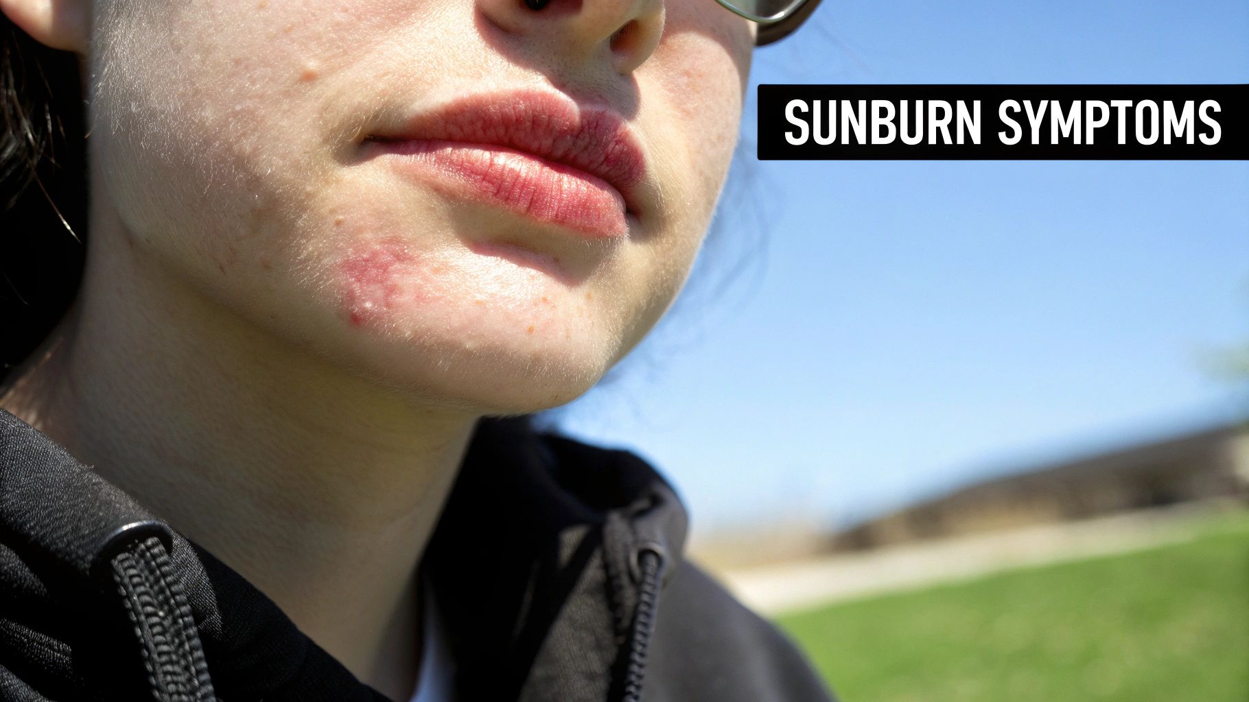 Close-up of a person's sunburned chin with visible redness. They wear a black jacket. Text reads "Sunburn Symptoms" against a blue sky backdrop.