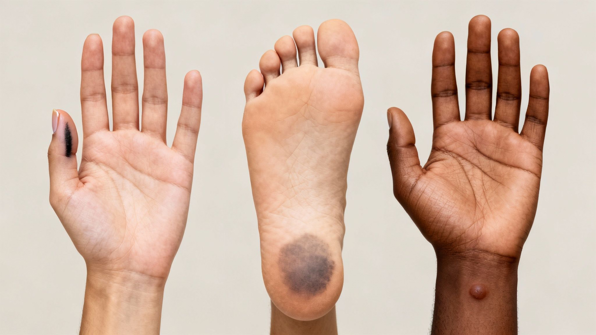 Three body parts showing different skin lesions: a dark mark, a mole on a foot, and a raised bump.