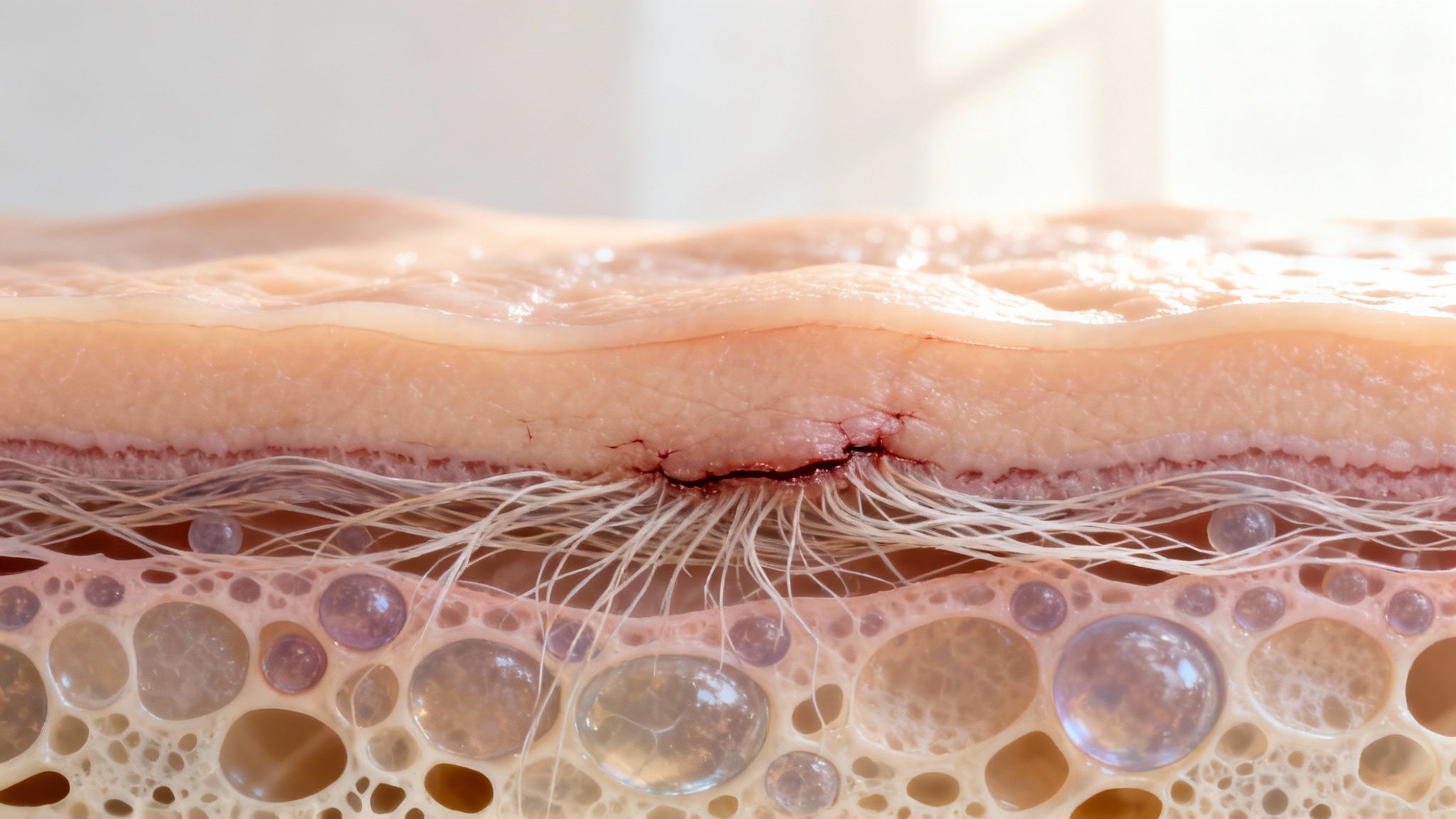 Cross-section of skin with a healing wound, showing layers and fibers. Bubbles in the lower layer create a textured, detailed view.