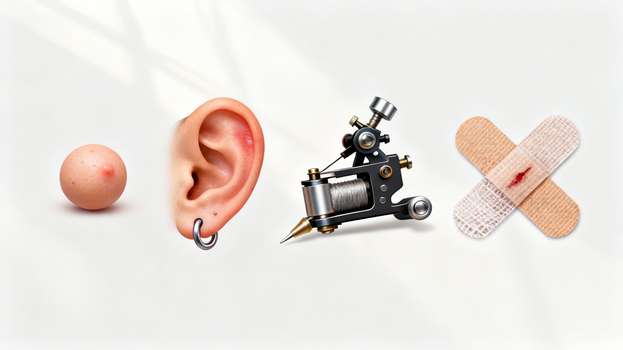 A pimple, pierced ear, tattoo machine, and bandage with a bloody cut on a white background. The image highlights body modification.