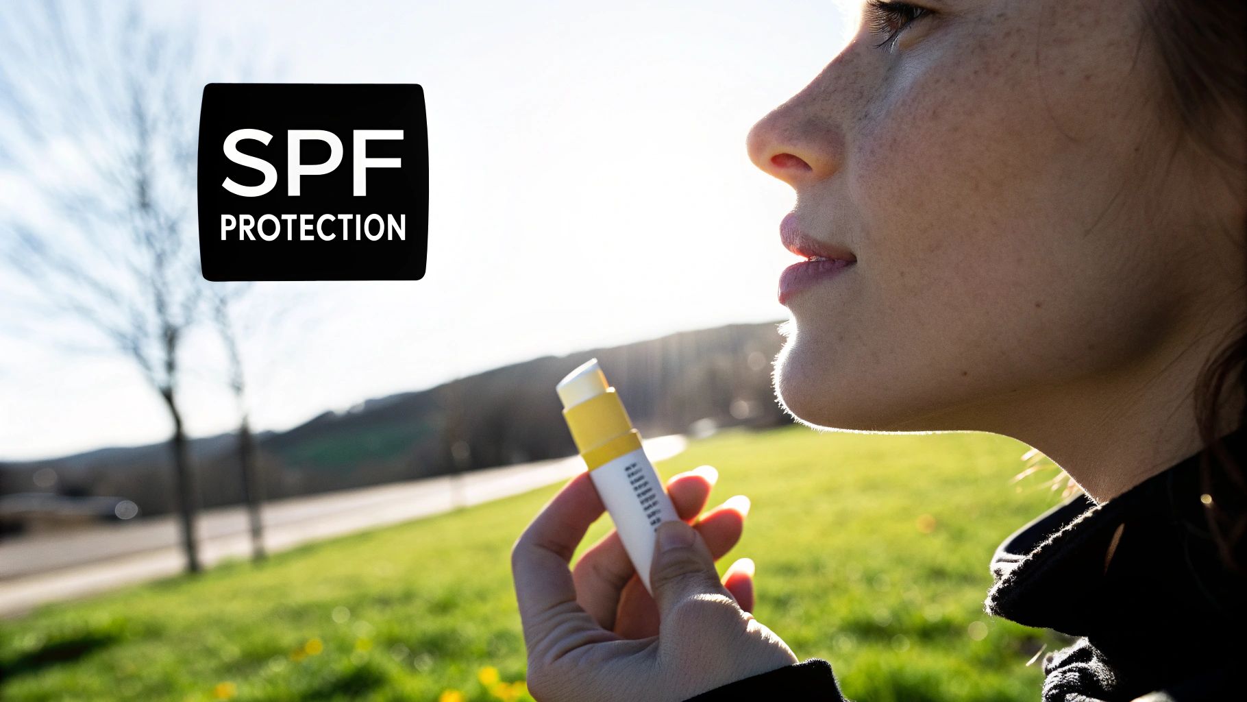 Woman applying lip balm in a sunny park, holding a yellow tube. "SPF Protection" text is visible. Grass and bare trees in background.