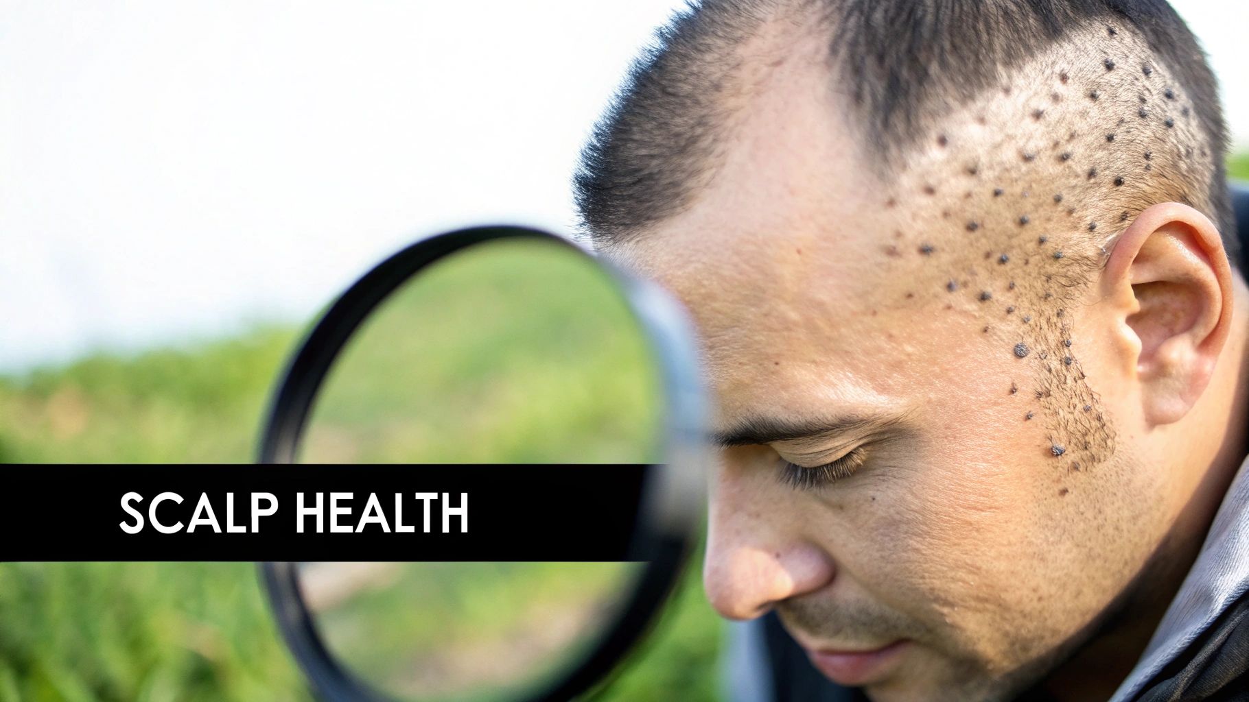Man with hair transplant dots on scalp, magnified, in grassy outdoor setting. Text reads "SCALP HEALTH." Focused mood.