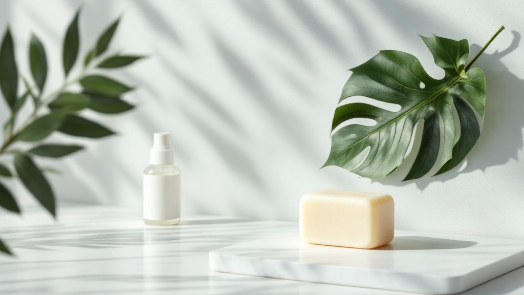 Soap bar and spray bottle on white surface with green leaves casting shadows. Minimalist, fresh, and natural setting.