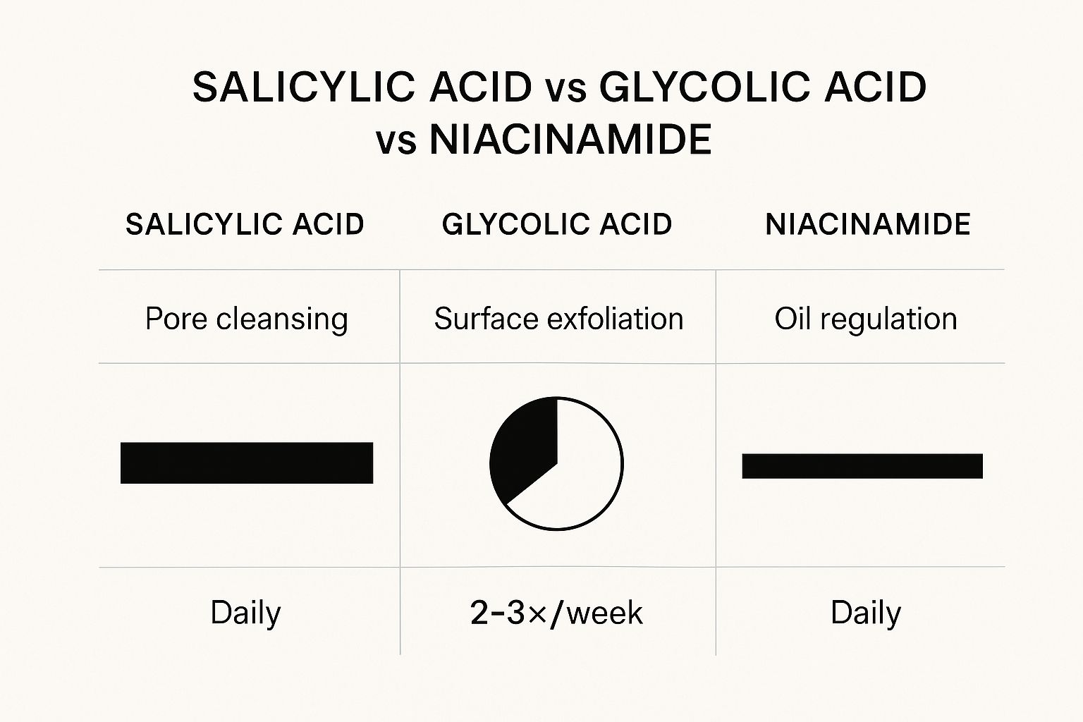 Comparison of salicylic acid, glycolic acid, and niacinamide in skincare. Includes usage frequency and benefits. Black text on white background.