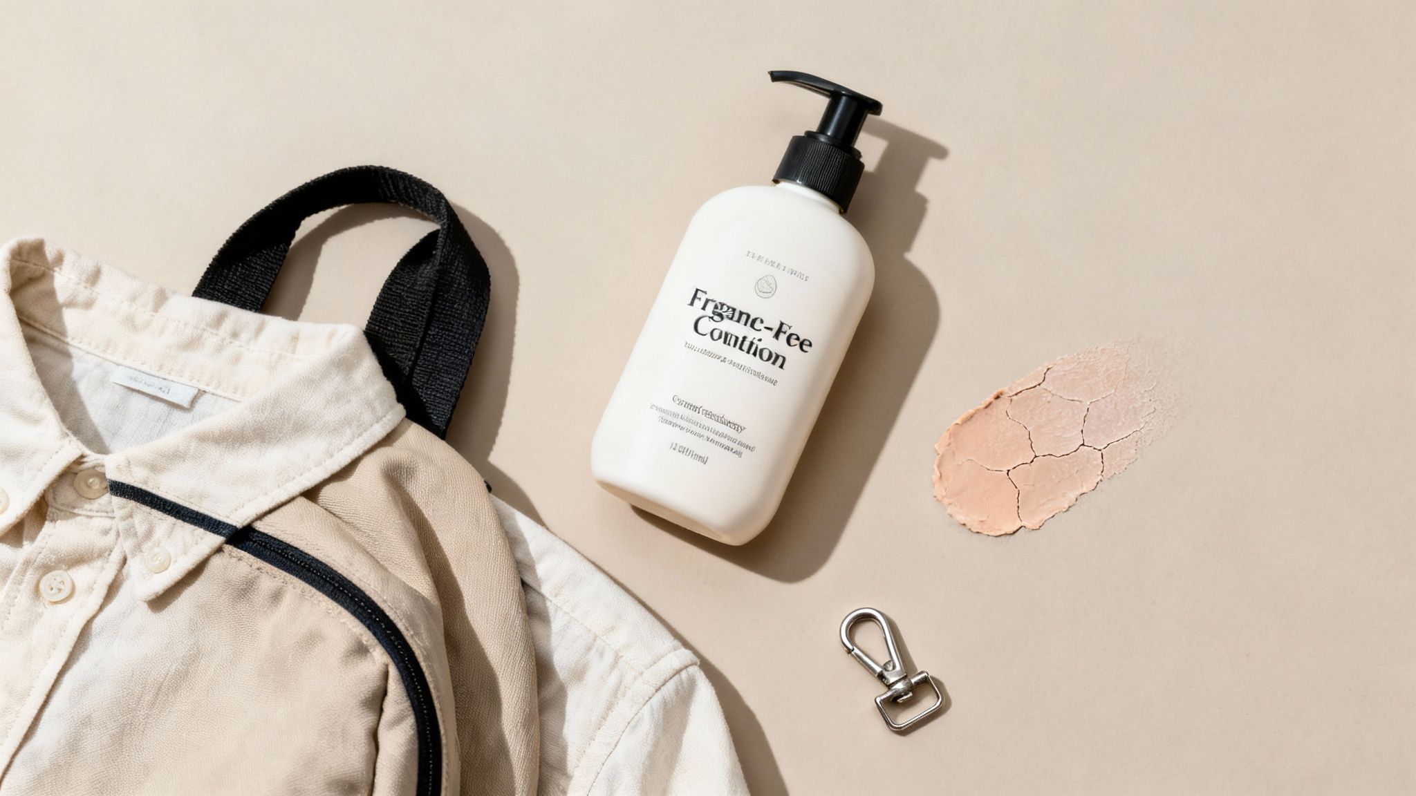 Flat lay of fragrance-free body lotion bottle, beige tote bag, clay mask, and metal clasp