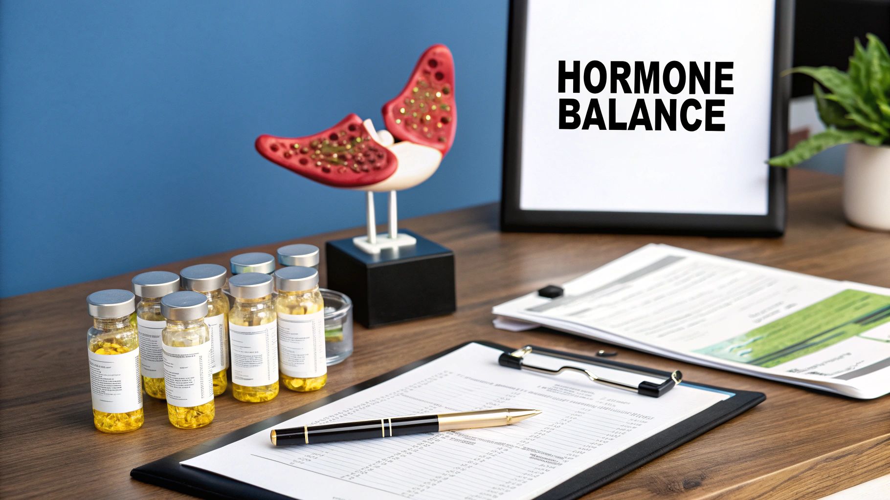 Desk with a clipboard, pen, hormone balance sign, red anatomical model, and bottles of yellow capsules. Blue wall background.