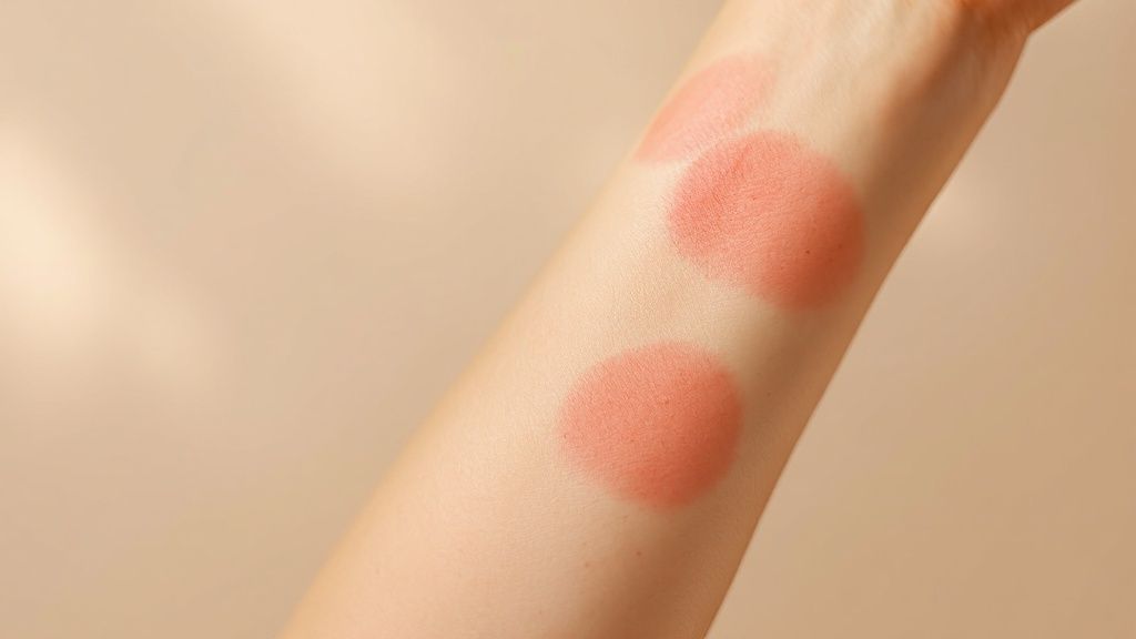 Three swatches of pink blush on an arm, set against a soft beige background.