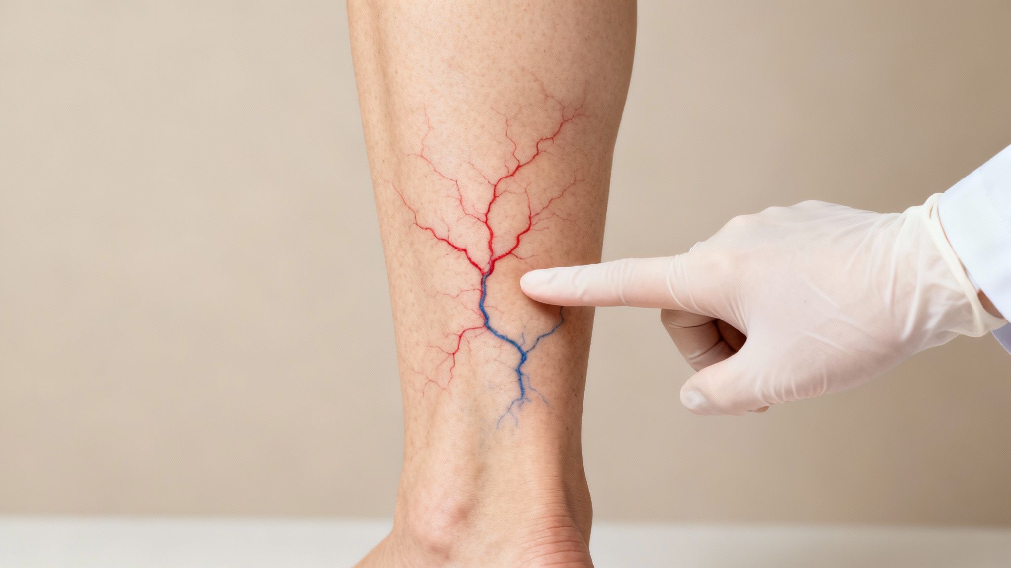 A close-up view of spider veins on a person's leg.