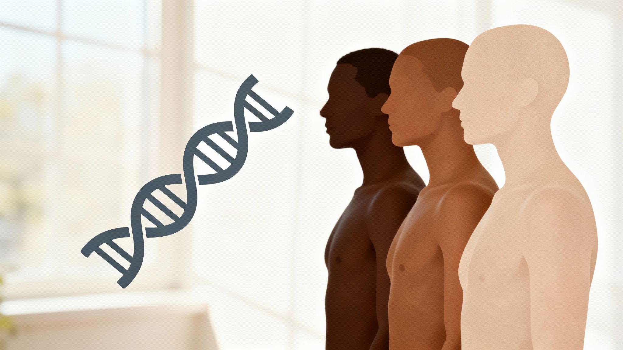 Three mannequin torsos of varying skin tones, side by side, with a DNA helix symbol overhead. Soft natural light background.