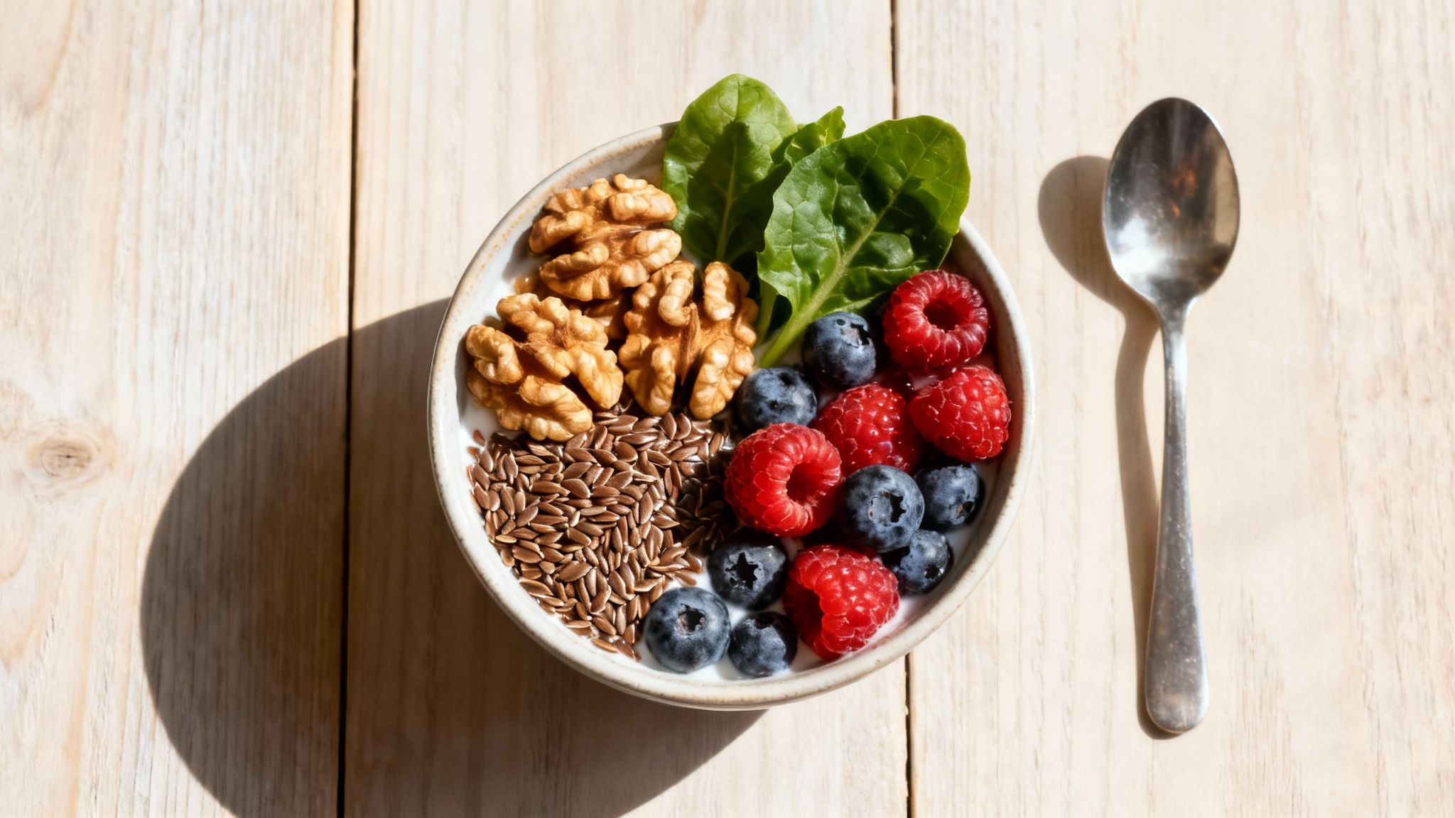 A vibrant spread of anti-inflammatory foods, including leafy greens, berries, walnuts, and flaxseed.