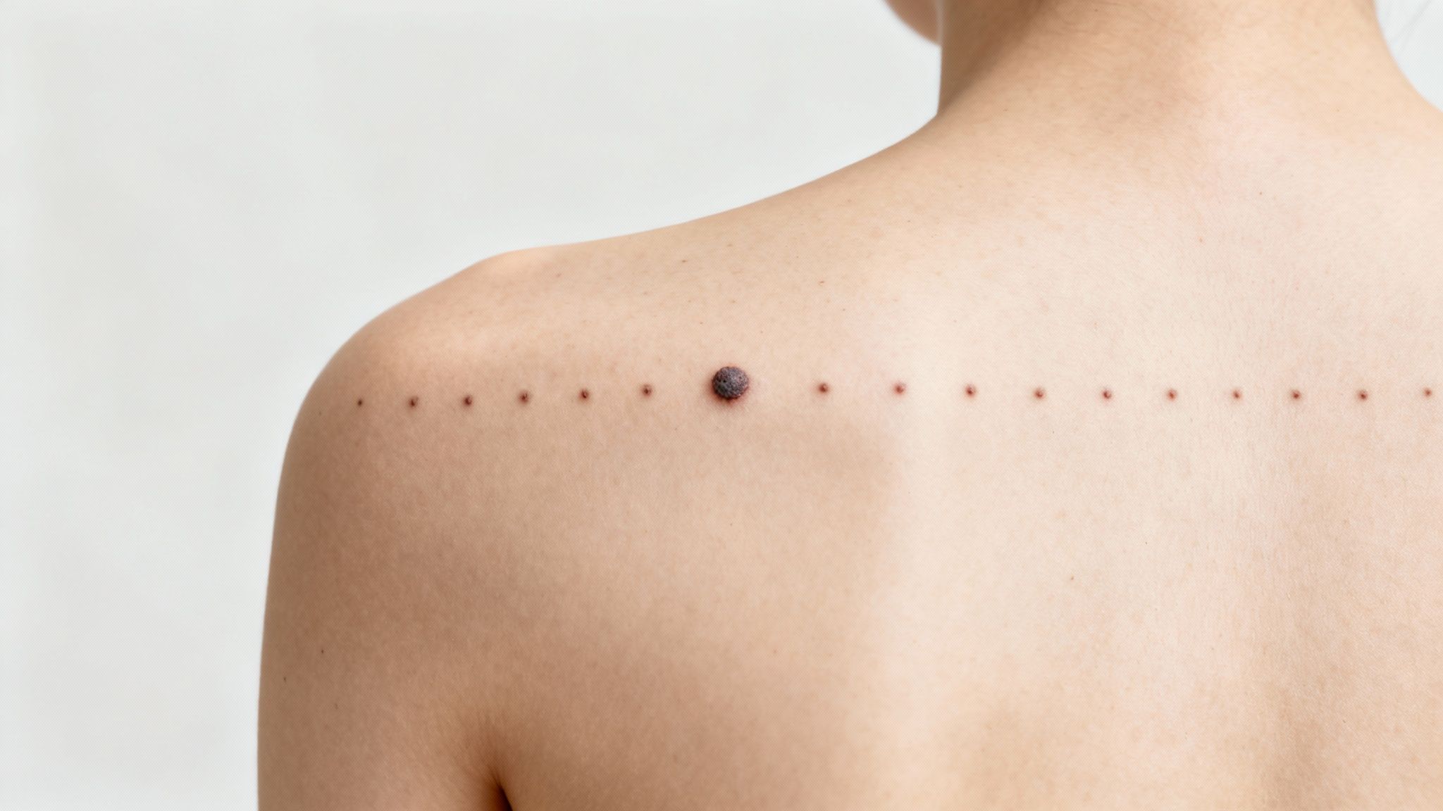Close-up of a person's back displaying a row of small, evenly spaced dots with a larger mole in the middle on light skin.