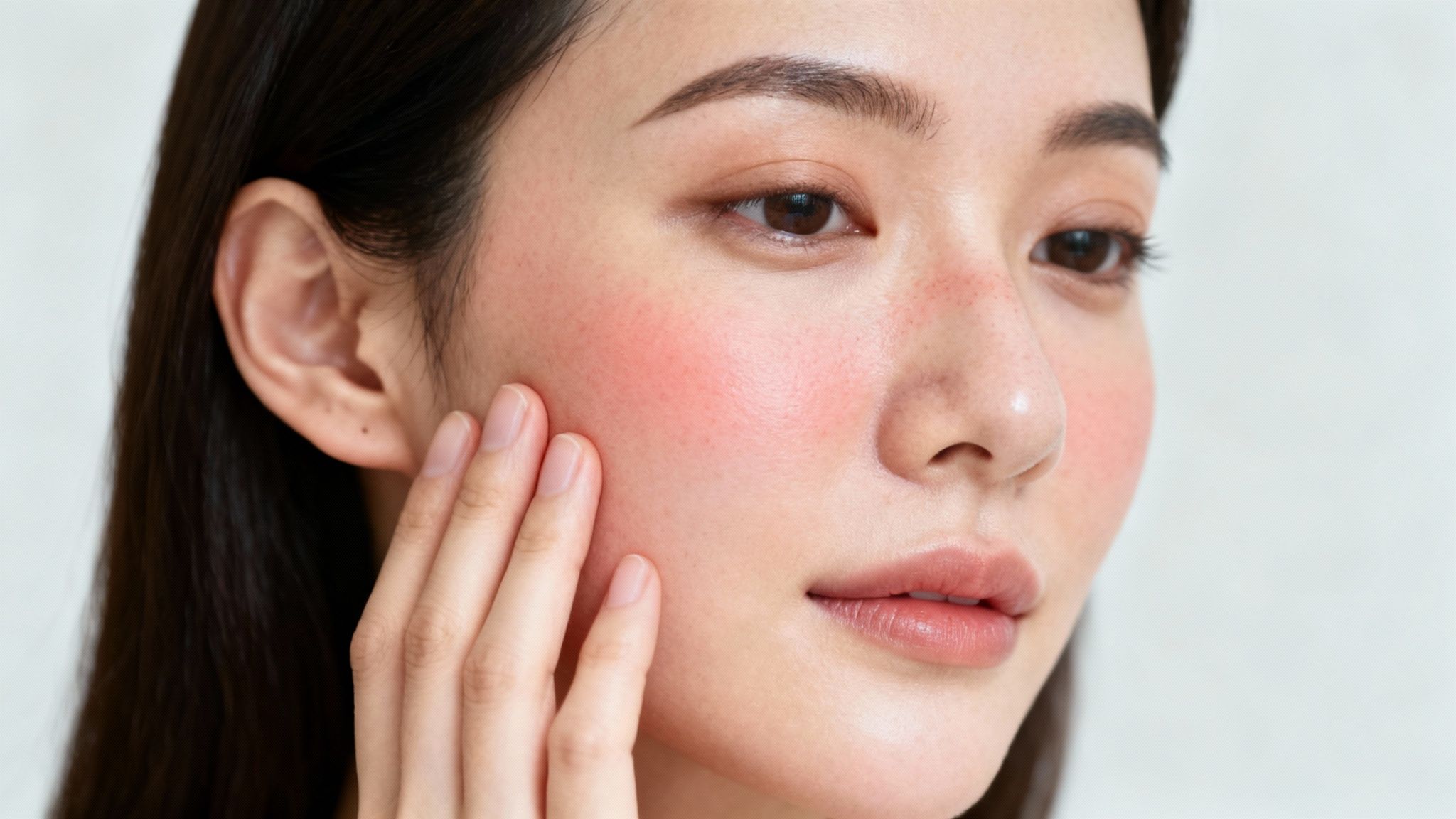 A person with a healthy complexion gently touching their face in a bright, clean bathroom setting, representing a gentle skincare approach for rosacea.