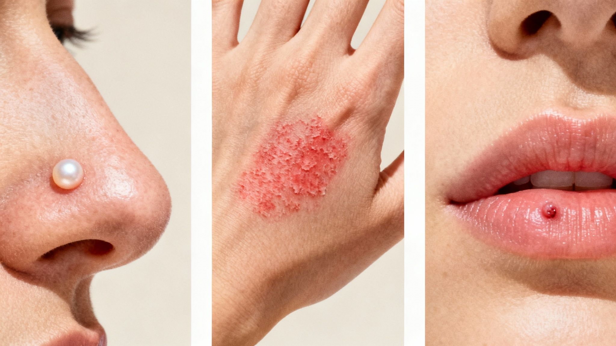 Close-up of three skin areas: a nose with a pearl stud, a hand with a rash, and a lip with a red bump.