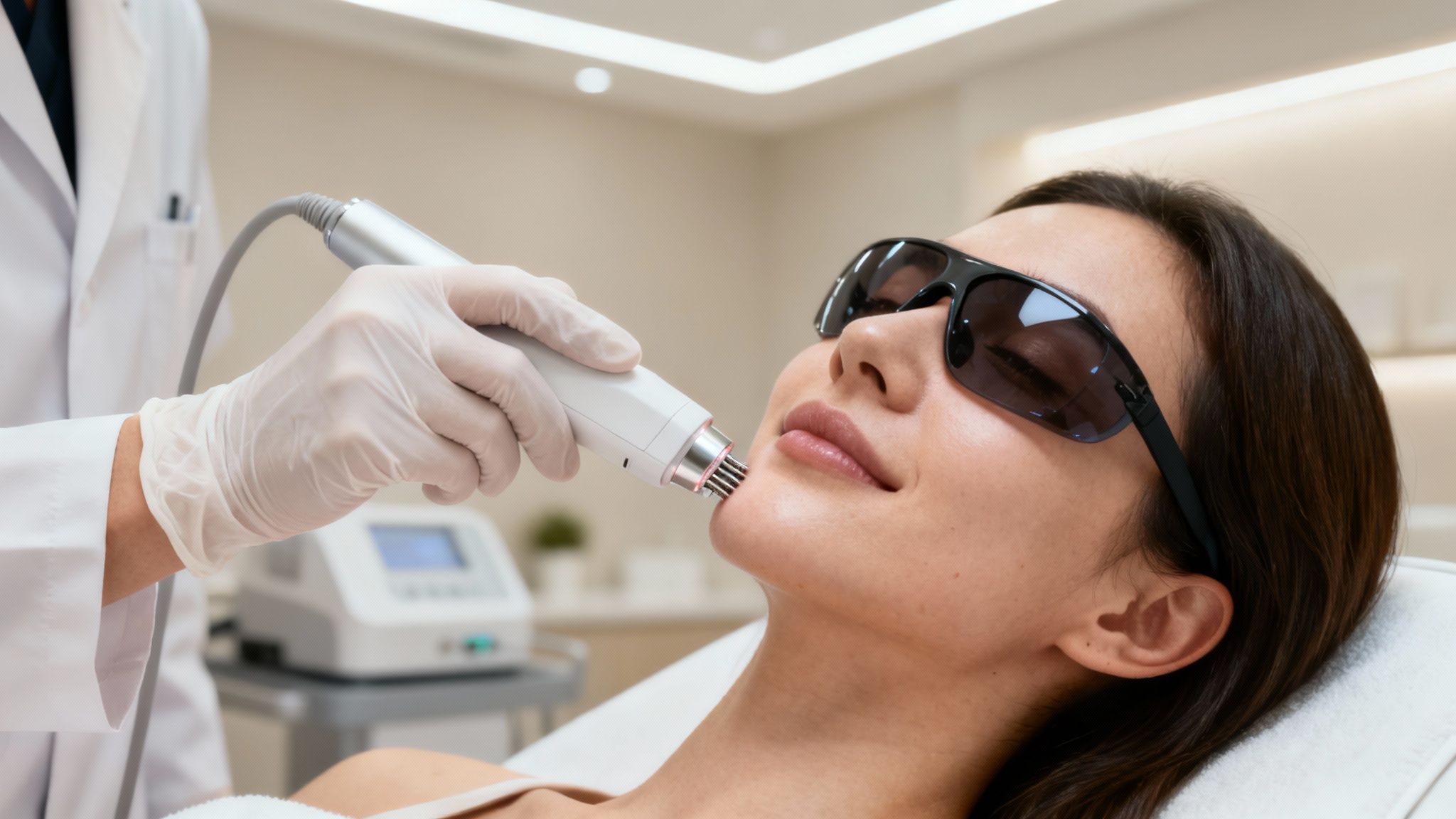 A professional performs a cosmetic skin treatment on a woman's chin with a device and protective eyewear.