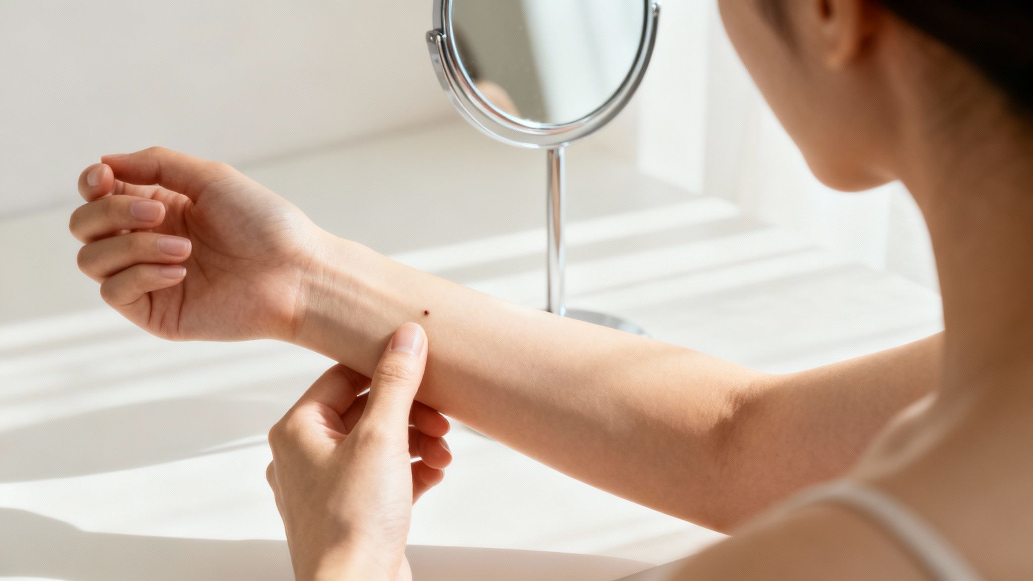 Woman examines a mole on her forearm in bright light, with a round mirror in the background. Calm and attentive mood.