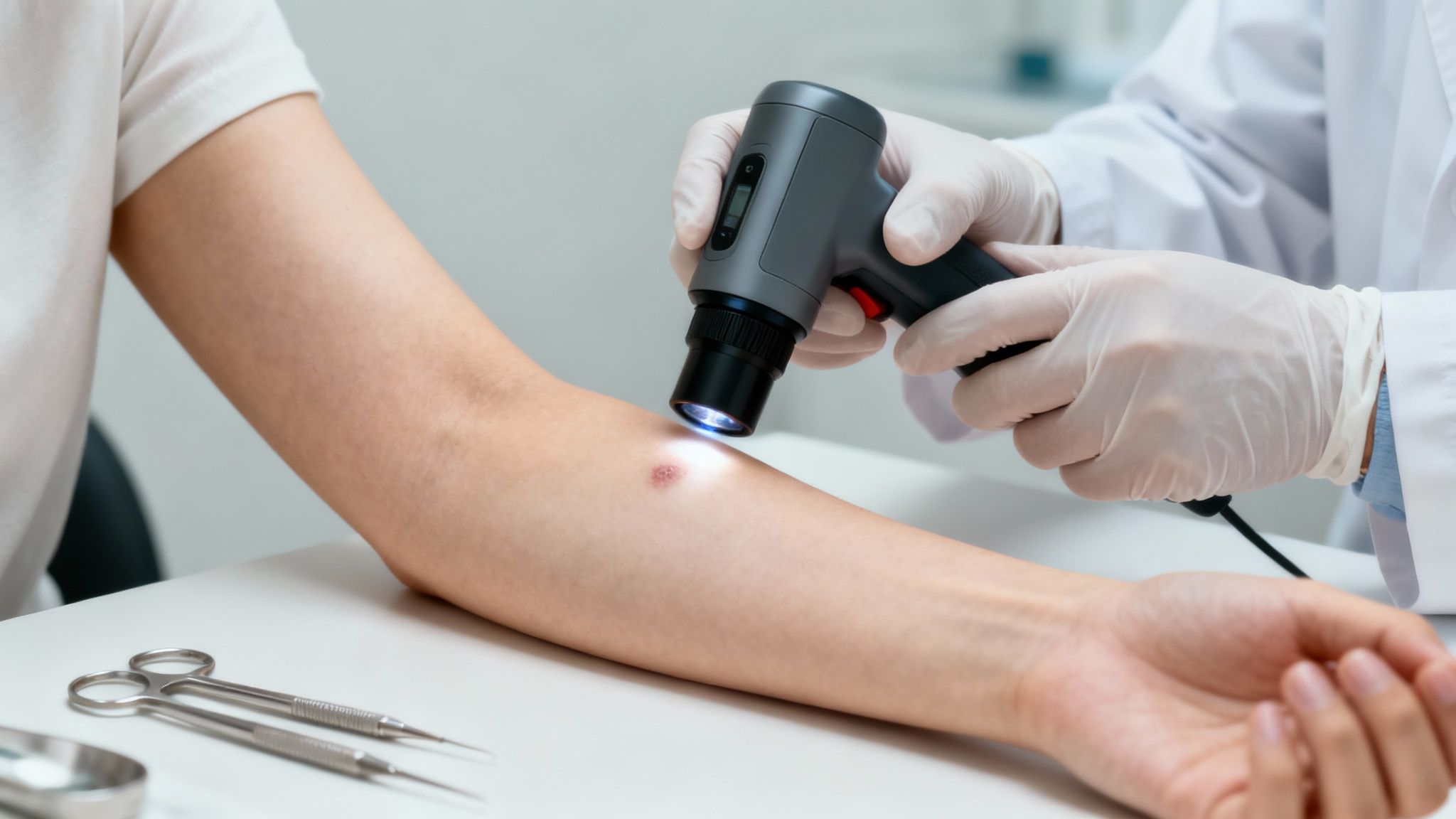 Doctor examining a mole on a patient's arm with a dermatoscope in a clinic. Surgical tools lie on the table. Professional, clinical setting.