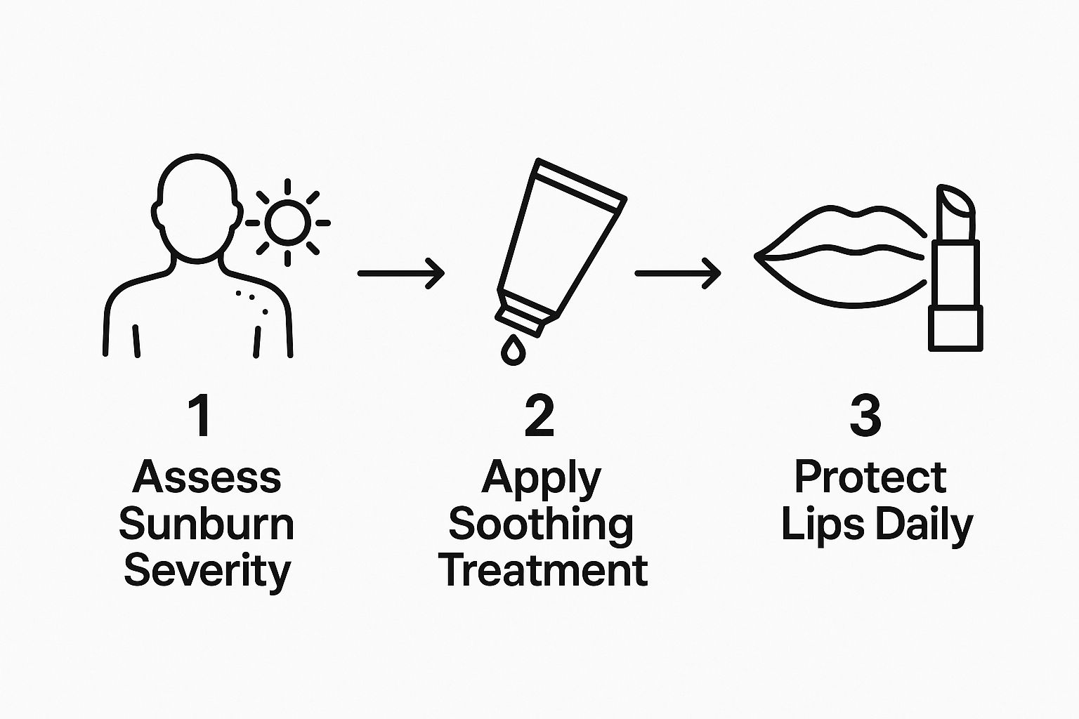 Diagram illustrating sunburn care: 1. Assess severity with sun symbol; 2. Apply soothing cream; 3. Protect lips with balm.