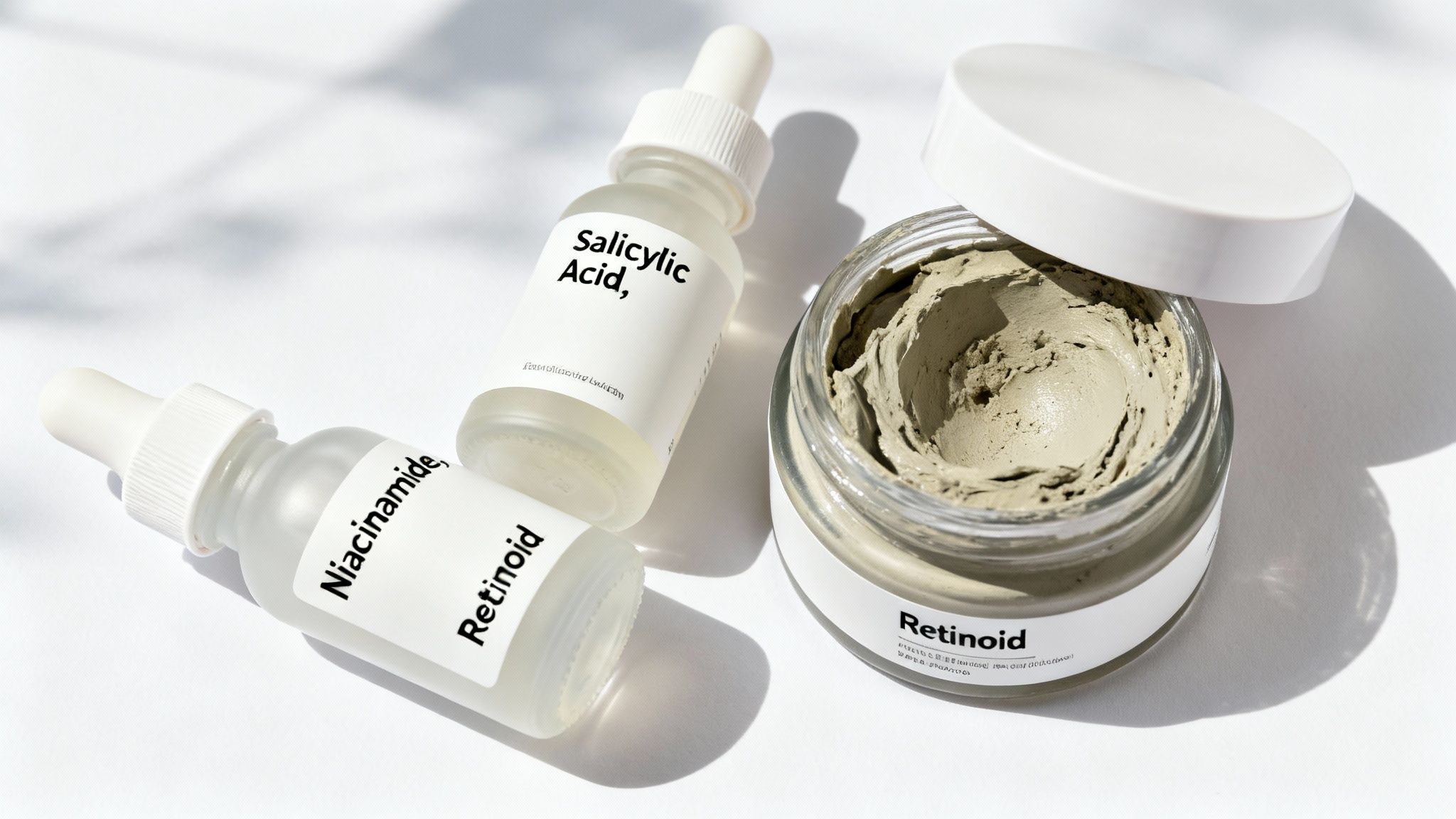 Skincare products on a white surface: Niacinamide and Salicylic Acid in glass dropper bottles, and an open jar of Retinoid cream.