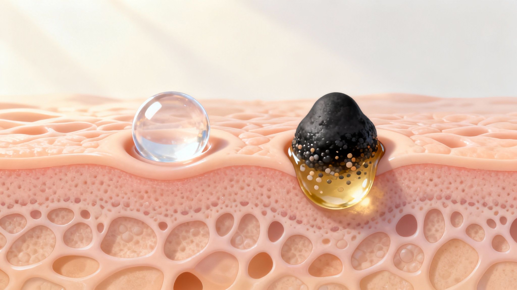 Close-up of skin surface with a clear droplet and a blackhead in pores. Background is soft pink with a textured pattern.