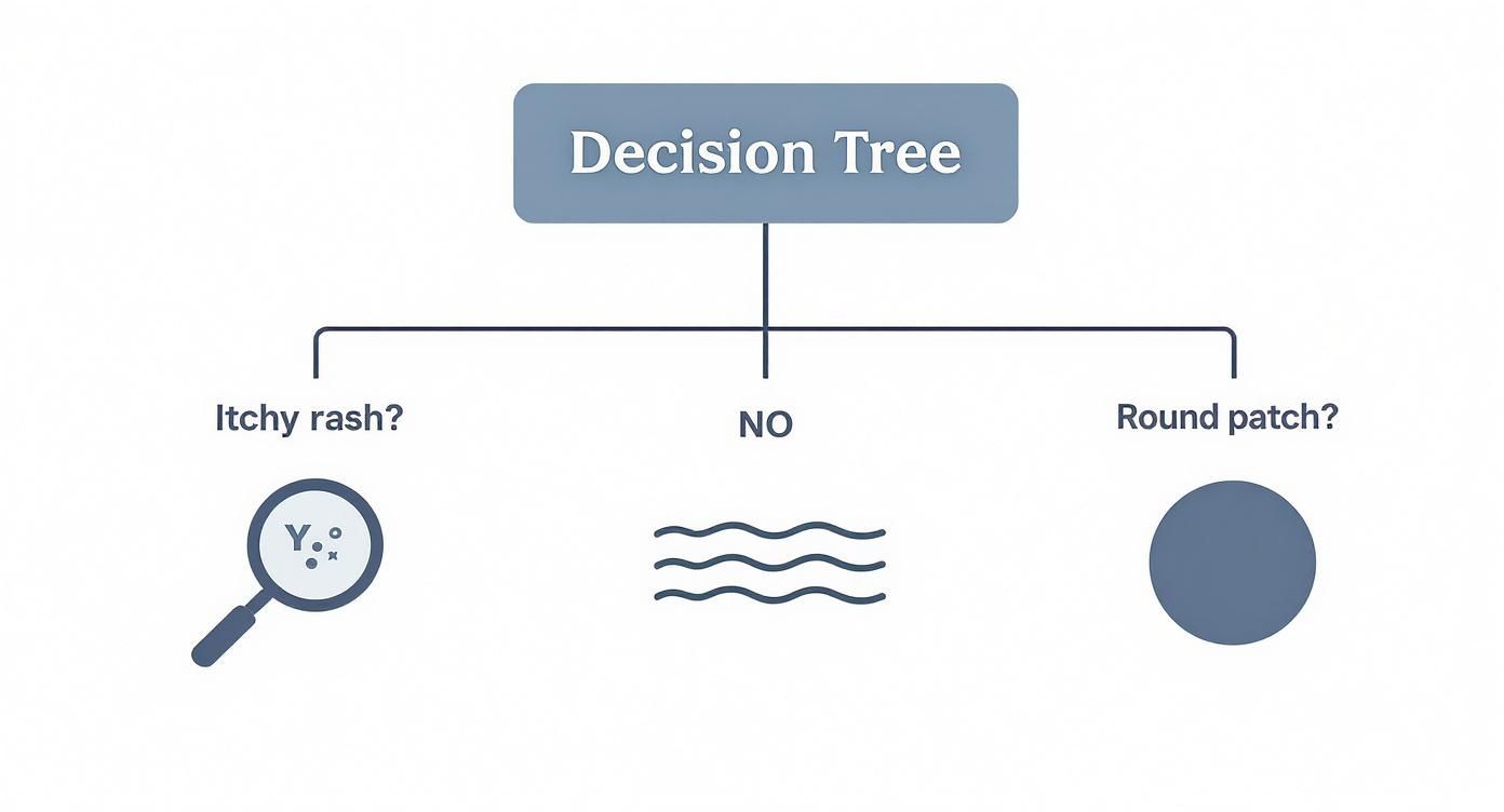 A decision tree diagram displaying branches for identifying skin conditions based on symptoms like itchy rash or a round patch.