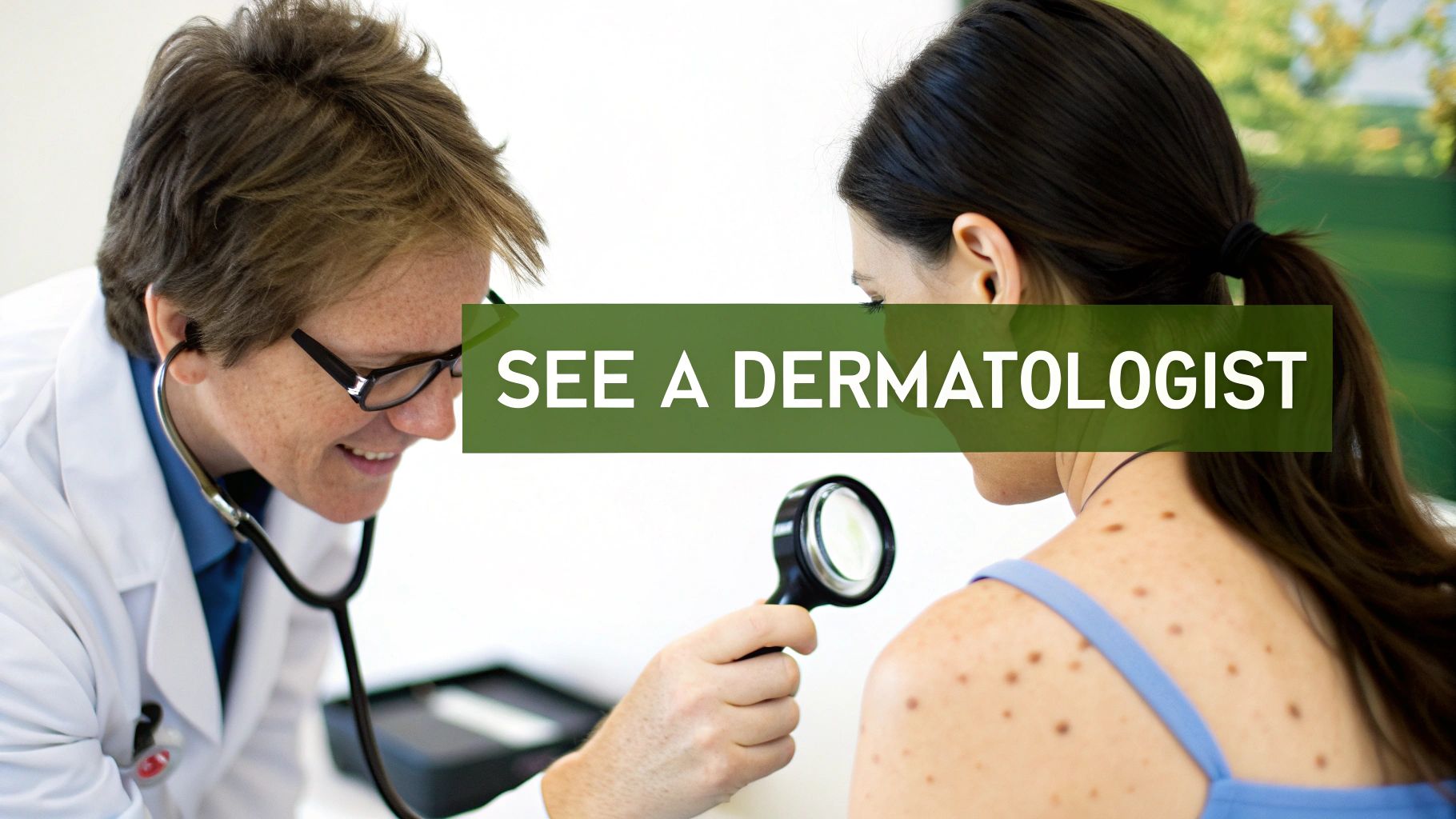 A dermatologist evaluating a female patient with a dermatoscope.