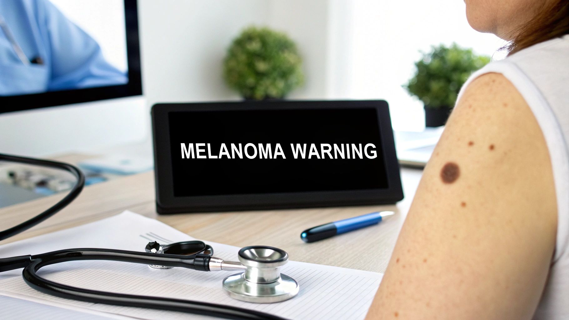 A sign that says "Melanoma Warning" next to a patient's arm with a concerning mole.