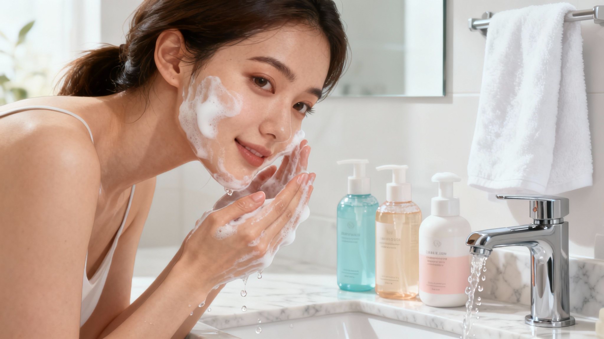 A woman washing her face over the sink.
