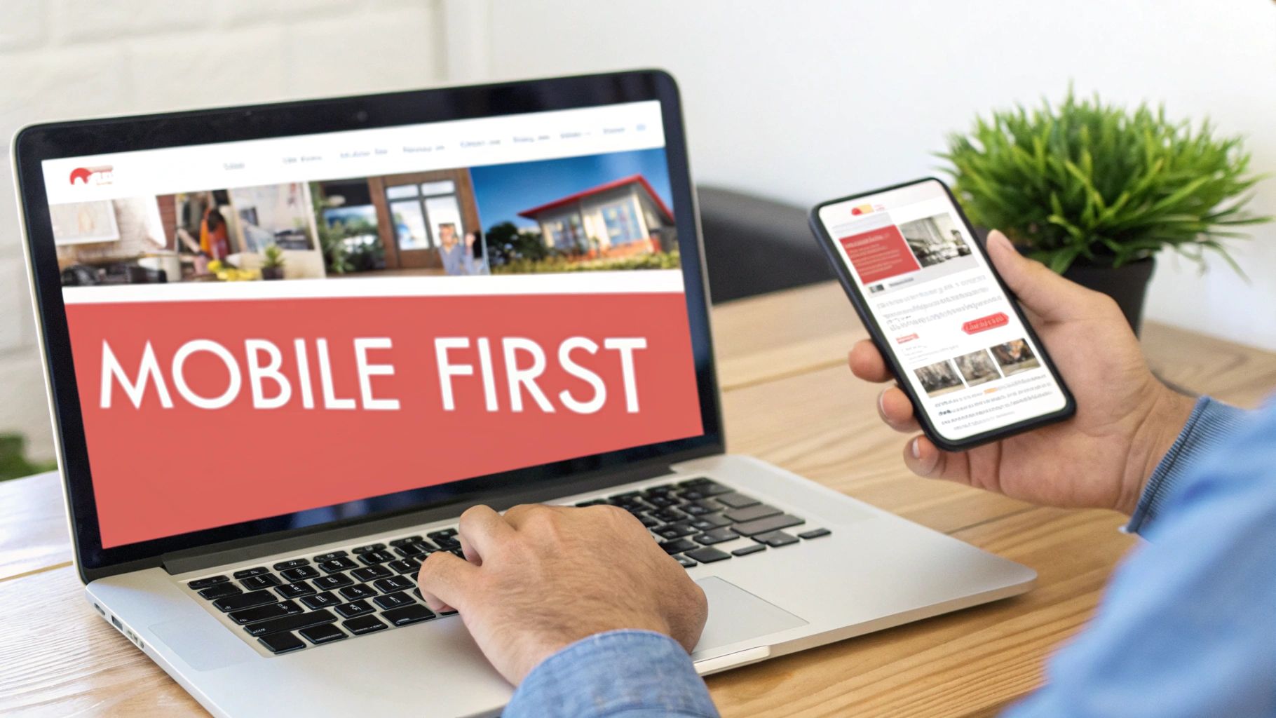 Person using a laptop and smartphone on a desk; laptop screen reads 